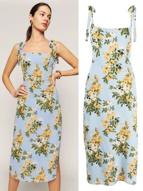 REFORMATION Besse Floral-print Midi Dress In Amalfi Blue Yellow Floral Size 8